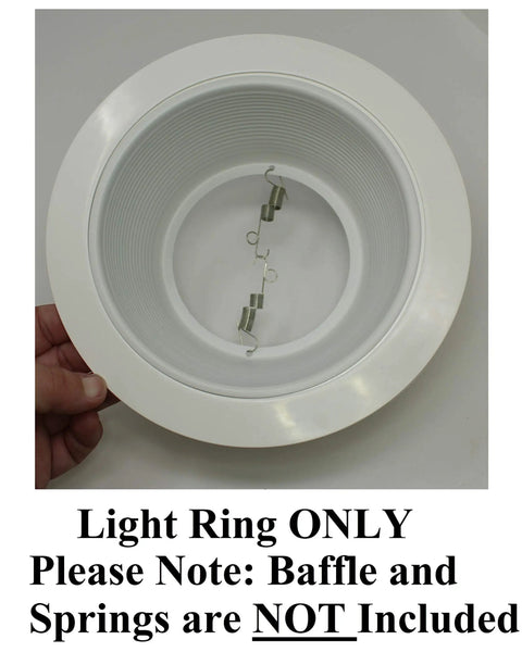 Hand holding Five Pack White Trim Ring For Six Inch Recessed Lights No Fuss Easy Install Oversized Hole Cover, baffle excluded