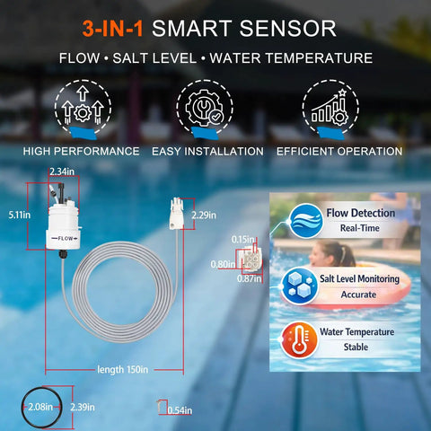 Tri Sensor Replacement For Pool Automation Systems With 12ft Cord 3 In 1 Flow Salt Level And Water Temperature Sensor