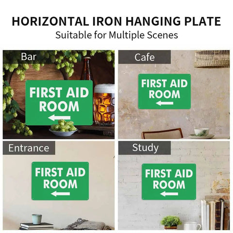 Image showing a green "First Aid Room" sign with left arrow in bar, cafe, entrance, and study settings. Horizontal iron hanging plate.