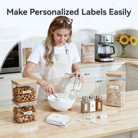 Woman using D110 Upgraded Mini Label Maker With Tape, Pocket Size Bluetooth Thermal Printer in a kitchen to label storage jars.