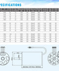 Specifications chart and diagram for Beefy Torque 3660 Brushless RC Boat Motor, 2150 KV, 4 Pole, 5mm Shaft.
