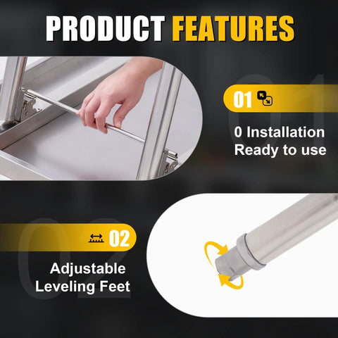 Product features of Foldable Stainless Steel Table 48x30 Inch Rock Solid Heavy Duty Portable Workstation, installation and leveling feet.