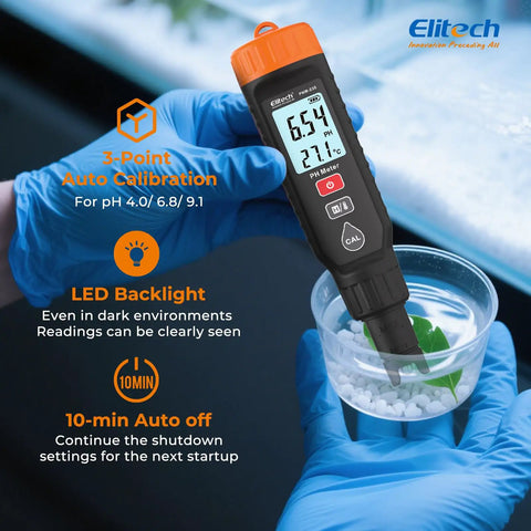 Pro pH Pen Meter With Temperature Sensor, ATC, and Full Calibration Kit in use, displaying pH and temperature readings in hydroponic setup.