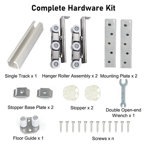 Complete set of Premium Heavy Duty Aluminum Barn Door Rail Set components, including track, roller assembly, and hardware.