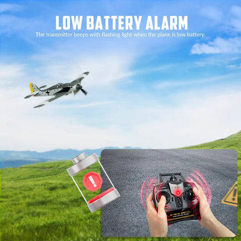 FW190 Fighter Remote Control RC Plane Dope Stability For Beginners And Pros 4CH RTF Airplane in flight with low battery alert
