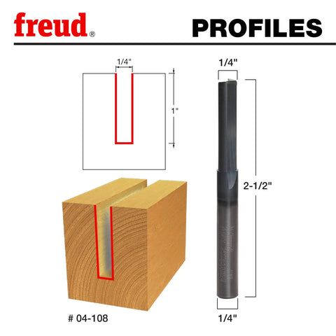 Diagram of Double Flute Straight Router Bit With Tico Hi-Density Carbide, 1/4 Inch Shank, 1/4 Inch Diameter, 2-1/2 Inch Length shown.