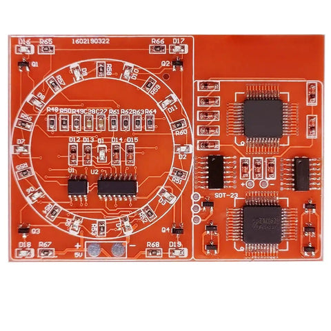 DIY SMD SMT Welding Practice Board For Soldering Skill Training With NE555 CD4017 Water Flowing LED Circuit Kit 80x60mm Double Sided PCB For Electronics Hobbyists showing top view of red PCB with component layout