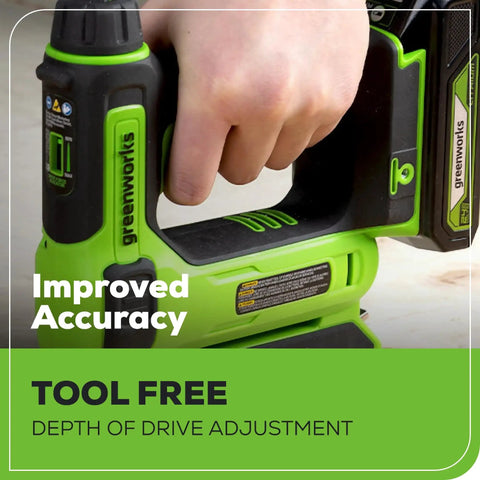 User adjusting 24V Crown Stapler With Three Eighths Inch Crown Staples, visible magazine, lightweight tool for woodworking projects.