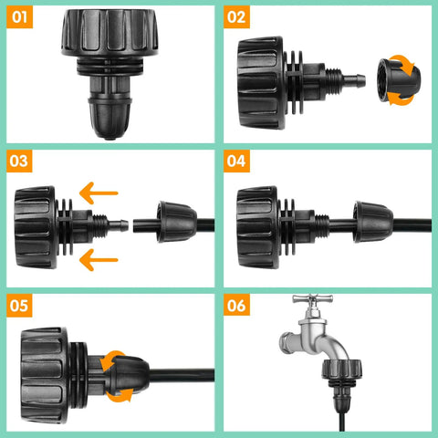 Steps to connect 1/4 Inch Drip Irrigation Tubing Faucet Adapter Set 8 Pack 3/4 To 1/4 Inch Hose Adapter in garden setup.
