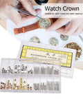 Stainless Steel Watch Crown And Stem Replacement Kit with assorted sizes, tools, and spring bars for easy repair.