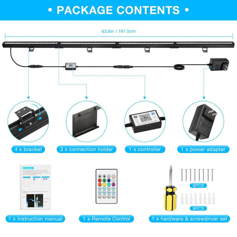 Package contents of Sixteen Inch 18W RGB LED Light Bars Kit With App Control And Remote, 16 Million Colors, parts displayed