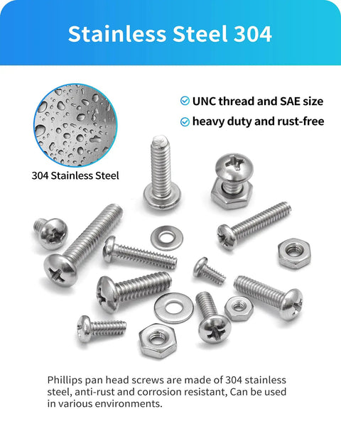 Stainless steel Phillips screws, bolts, nuts, and washers from the All In One 750 Piece Nuts And Bolts Hardware Kit.