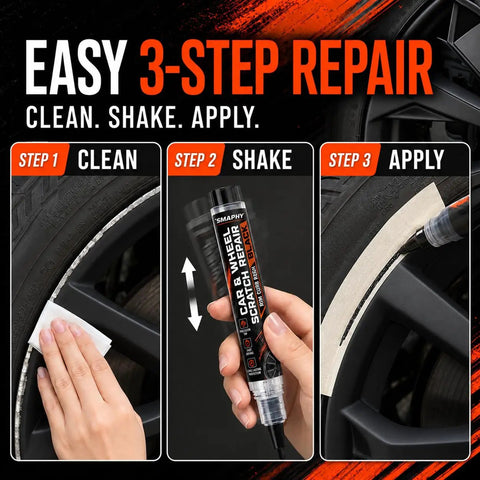 Premium Matte Black Wheel Scratch Repair Kit And Rim Paint Pen To Dodge Curb Bashers And Road Grit By Restoring Slick Finish At Home Without The Costly Mechanic Visit - 3-step repair process image.