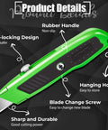 Box Cutter Set 4 Pack Retractable Utility Knives for DIY and Home Use with Ergonomic Grips, Removable Blades, green knife with rubber handle and blade change screw