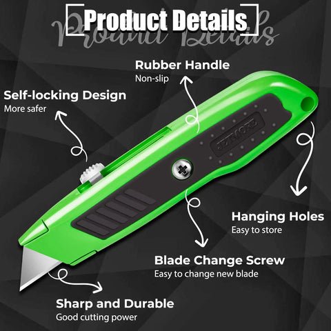 Box Cutter Set 4 Pack Retractable Utility Knives for DIY and Home Use with Ergonomic Grips, Removable Blades, green knife with rubber handle and blade change screw