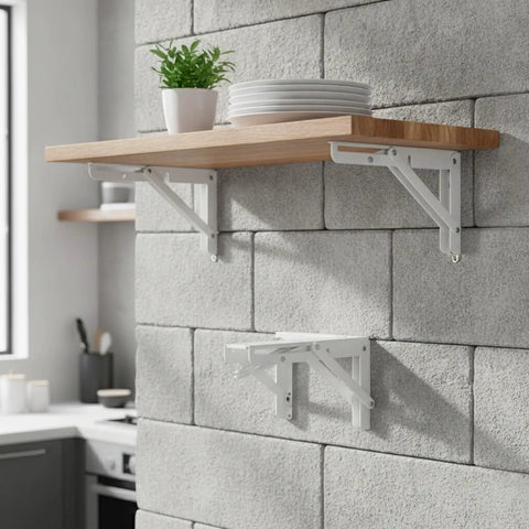 Foldable Stainless Steel Shelf Brackets For Wall Mounts installed with wooden shelf and folded bracket below