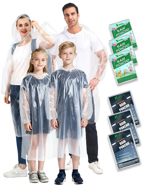 Family wearing Rain Ponchos For The Fam 6 Pack, Extra Thick 0.035mm PE, Hooded Waterproof Emergency Ponchos, Clear And Durable