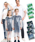 Family wearing Rain Ponchos For The Fam 6 Pack, Extra Thick 0.035mm PE, Hooded Waterproof Emergency Ponchos, Clear And Durable
