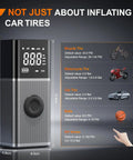 Hella Fast Cordless Tire Inflator Packed With Rechargeable Battery And Dual Power Supply For Cars Trucks And Suv Up To 150 Psi, showing pressure display for various tire types.
