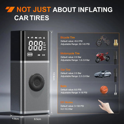 Hella Fast Cordless Tire Inflator Packed With Rechargeable Battery And Dual Power Supply For Cars Trucks And Suv Up To 150 Psi, showing pressure display for various tire types.