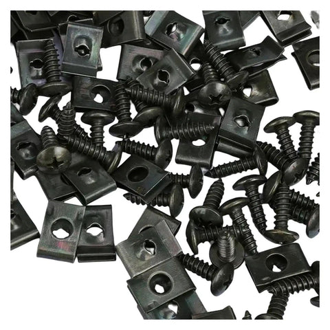 Heavy Duty Metal Screw Clip Set U Shaped Fastener Bumper Guard Buckle With Self Tapping Screws And Iron Sheet Bolts For Mudguard Protection Durable Auto Parts Kit Easy Install Job 10 Pieces with black metal clips and screws.