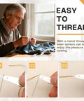 Senior using easy threader from 37 Piece Big Eye Steel Sewing Needles Kit with Threader Thimble and Seam Ripper for Clothing Repair.