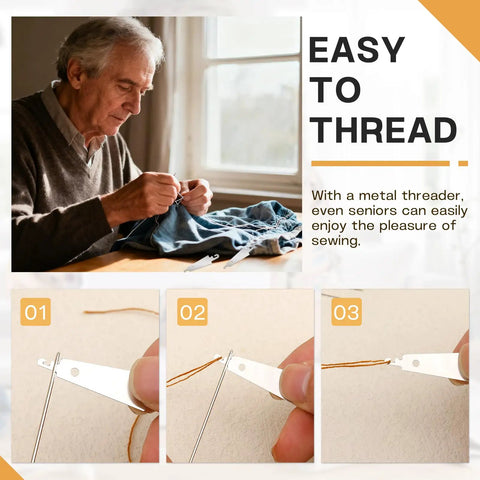 Senior using easy threader from 37 Piece Big Eye Steel Sewing Needles Kit with Threader Thimble and Seam Ripper for Clothing Repair.