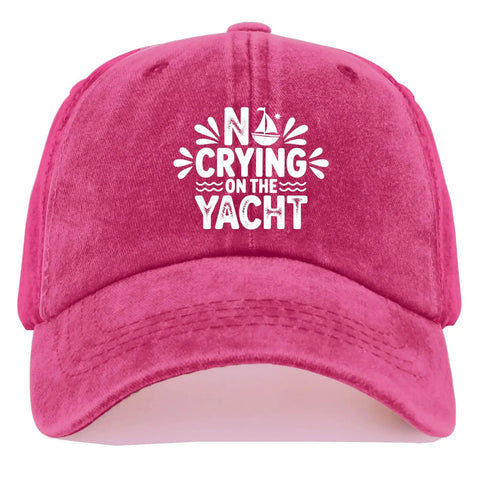 No Crying On The Yacht Funny Golf Hat For Men And Women Distressed Washed Baseball Cap in Rose Red front view