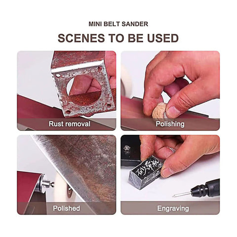 Built Like A Tank Mini Belt Sander And Polisher With Seven Adjustable Speeds Forward Reverse Control And Included Abrasive Strips use for rust removal, polishing, and engraving.