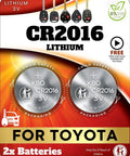 Hassle Free CR2016 Key Fob Batteries For Toyota Remote Controls packaging with batteries and remote silhouettes, designed for Camry and Corolla.