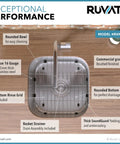 Top view of 13x15 Inch Undermount Bar Sink for Small Kitchens, 16 Gauge Stainless Steel with features highlighted