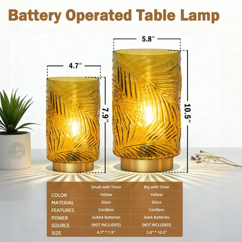 Cordless Battery Powered Table Lamp With LED Bulb And Timer Delivers A Lit Glow Leaf Veined Glass Nightlight In Soft Yellow