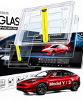 Top Shelf Matte Tempered Glass Screen Protector For 15.6 Inch Dashboard Display Tailored Fit For 2017 To 2023 Tesla Model 3 And Modern Model Y Anti Glare Clean Setup Ride Shield on display box with car model.