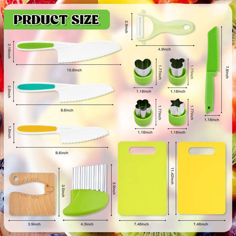 Amazon Montessori Kids Knife Set front: 13pc wooden/plastic kitchen knives with serrated edges, peeler and boards