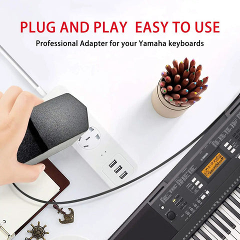 12V 2A DC Power Adapter For Digital Pianos And Portable Keyboards Replacement PA130 PA130B Charger plugged into Yamaha keyboard