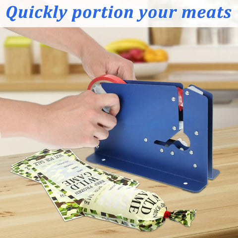Sealing 300 Count Ground Pork Freezer Bags 1Lb Ground Meat Bags with Tape Sealer on wooden kitchen counter