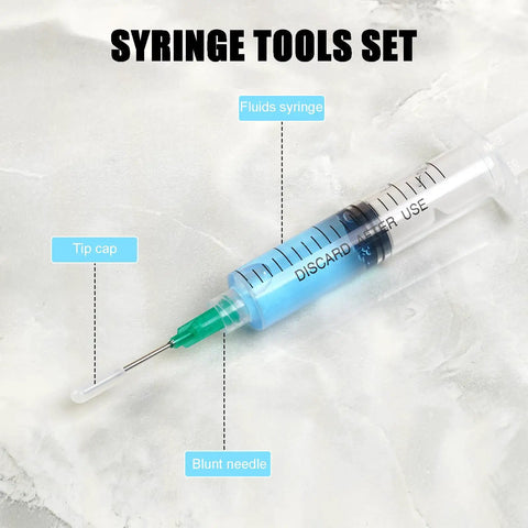 Applicator Syringe Set With Blunt Tip Needles And Luer Lock Caps For Precise Bonding And Easy Flow Pro Grade Build Includes 1ml 3ml 5ml 10ml And 20ml Syringes With Sealed Caps And Durable Dispenser Tips. syringe with blunt needle, tip cap, and luer lock barrel