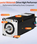 YEJMKJ Nema 23 closed-loop stepper motor with integrated driver; black housing; shaft, bearings, rotor, stator labeled.