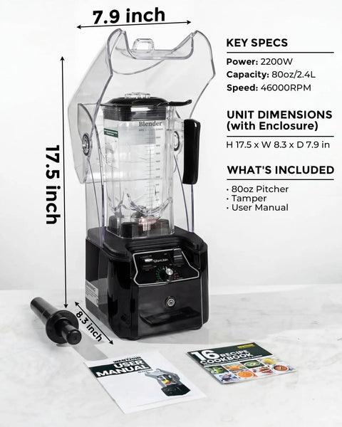 Professional Commercial Blender With Quiet Shield Enclosure 2200W Power Heavy Duty Self Cleaning Unit 80Oz (2.2L) Pitcher