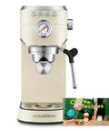 Next Level Compact Espresso Maker With High Pressure Pump And Hassle Free Milk Frother For Pulling Bold Coffee Shots And Topping Off Sweet Lattes Anytime, ivory color with foaming wand and recipe book.