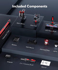 Comvtu cordless vacuum components diagram; red unit with motor, dust cup, LED floor brush, tube, battery, filters, adapter.