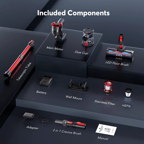 Comvtu cordless vacuum components diagram; red unit with motor, dust cup, LED floor brush, tube, battery, filters, adapter.