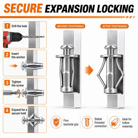 Step-by-step guide showing installation of 90 Piece Kickass Button Rivet Locking Nuts Set M4 M5 M6 for secure fastening.