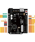 Leonardo R3 Microcontroller Development Board With USB Cable Kit For Easy Prototyping And DIY Projects, Plug And Play Arduino IDE Compatible, 20 Digital IO And 12 Analog Inputs, 16MHz Clock, ICSP Header, Reset Button showing pin layout