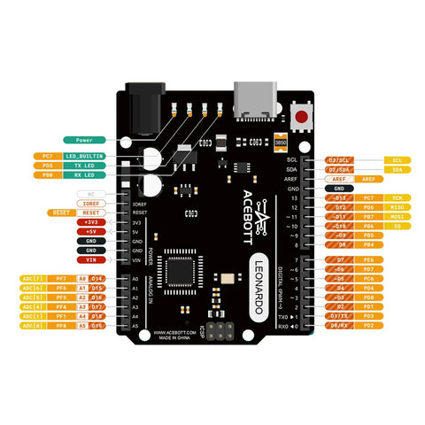 Leonardo R3 Microcontroller Development Board With USB Cable Kit For Easy Prototyping And DIY Projects, Plug And Play Arduino IDE Compatible, 20 Digital IO And 12 Analog Inputs, 16MHz Clock, ICSP Header, Reset Button showing pin layout