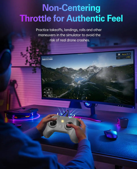 User practicing with Beginner Drone Simulator Controller With USB C Cable And OTG Adapter For iPhone And Android on gaming setup
