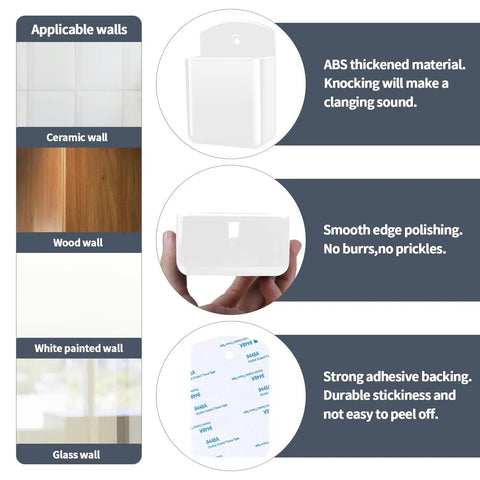 Two Pack Wall Mounted Remote Control Holder Set With Self Adhesive Backing And Screws, White Finish shown with wall surfaces