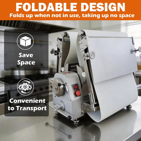 Techtongda Commercial Dough Sheeter Countertop Pizza Pasta Roller With Heavy Duty Conveyor Belt. Adjustable stainless steel dough roller with foldable design.