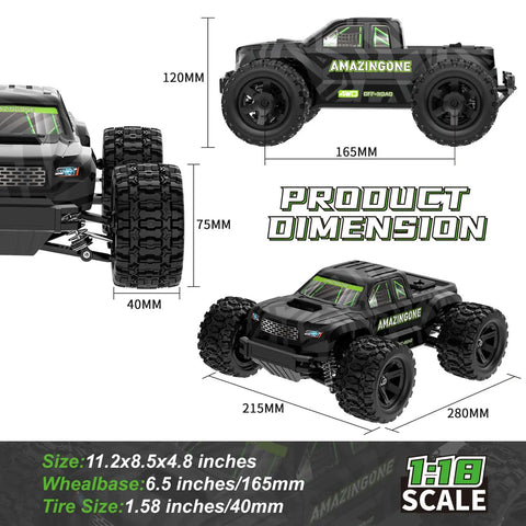 Dimensions of 1/18 Scale Fast RC Car For Adults, 4WD All Terrain Beast Off Road Truck Reaching 35 KMH with wheelbase size.