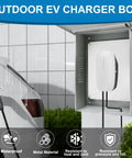 EV Charger Cover For Tesla Wall Charger Outdoor Enclosure With Rock Solid Galvanized Steel Body And IP65 Weatherproof Seal featuring outdoor setup in rain.